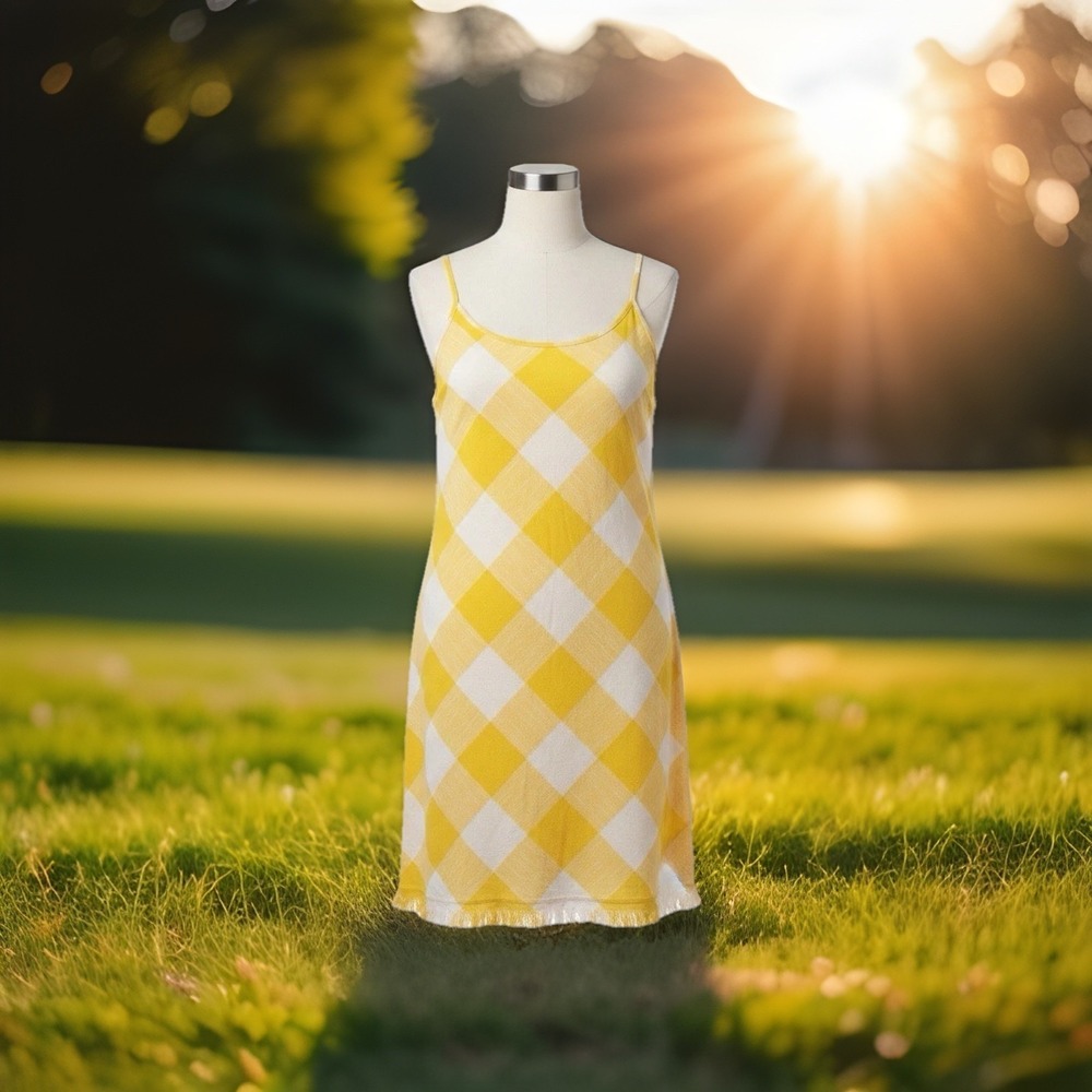 100% Cotton NWT Snapdragon Plaid Picnic Dress L Barbecue Fringe Hem Natural Refl
